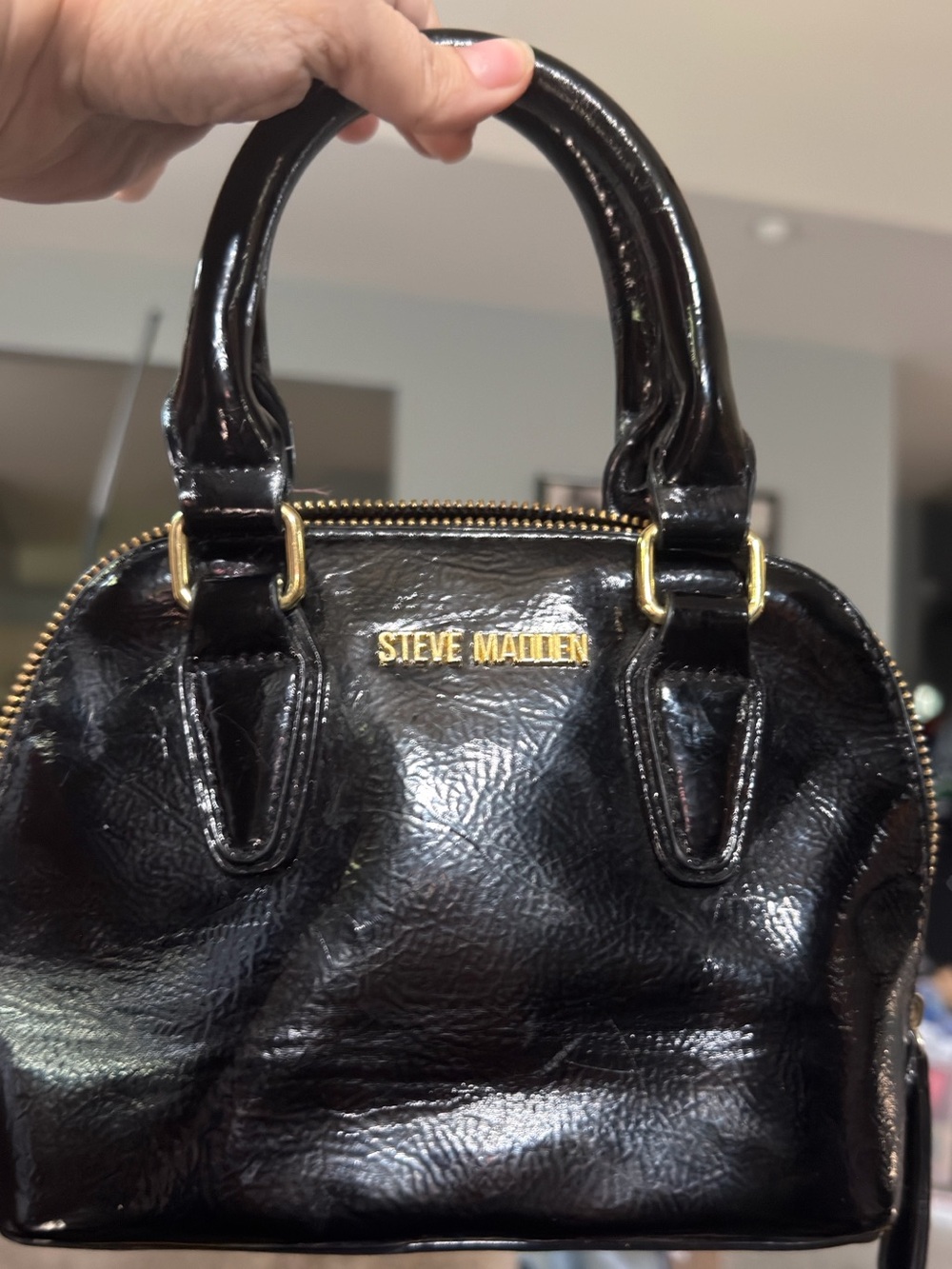 Mini Steve Madden Black Patent Domed Satchel with Gold Hardware. Cute!